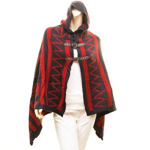 Red Geometric retro print hooded poncho sweater